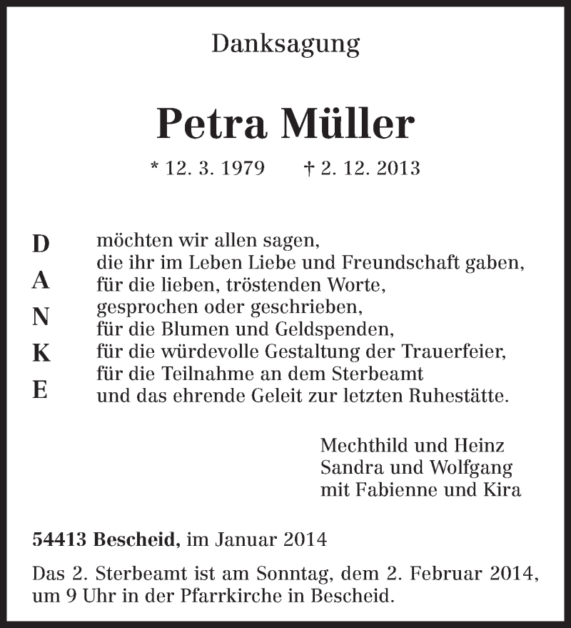  Traueranzeige für Petra Müller vom 29.01.2014 aus trierischer_volksfreund