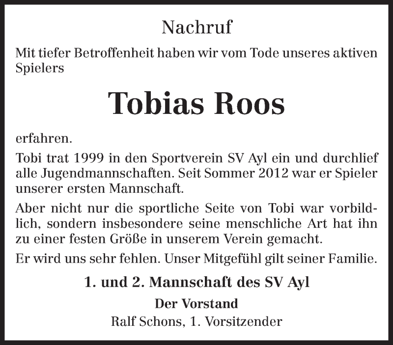  Traueranzeige für Tobias Roos vom 30.01.2014 aus trierischer_volksfreund