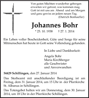 Traueranzeige von Johannes Bohr von trierischer_volksfreund