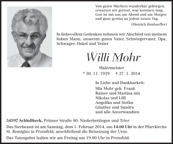 Traueranzeige von Willi Mohr von trierischer_volksfreund