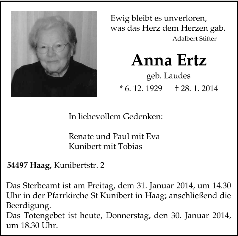 Traueranzeigen von Anna Ertz | Volksfreund.Trauer.de