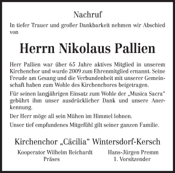 Traueranzeige von Nikolaus Pallien von trierischer_volksfreund