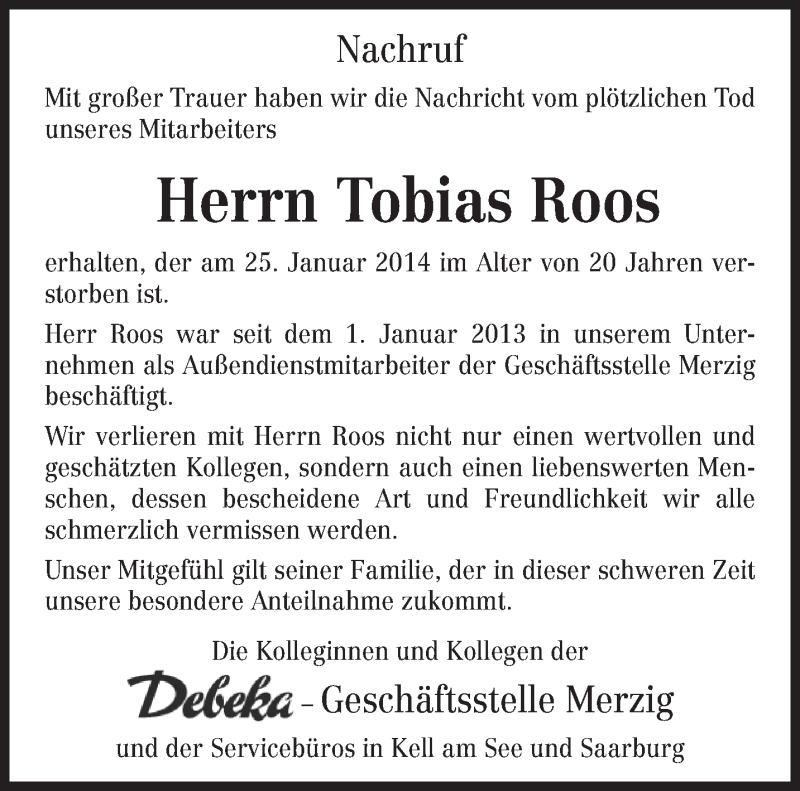  Traueranzeige für Tobias Roos vom 01.02.2014 aus trierischer_volksfreund