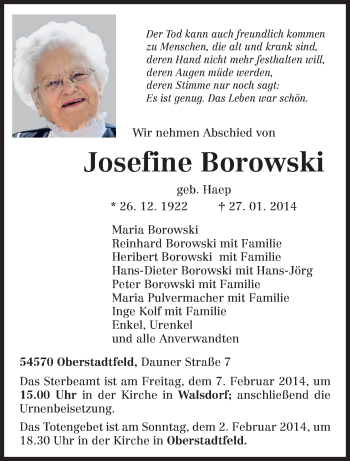 Traueranzeige von Josefine Borowski von trierischer_volksfreund