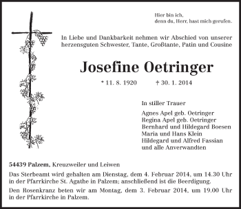 Traueranzeige von Josefine Oetringer von trierischer_volksfreund