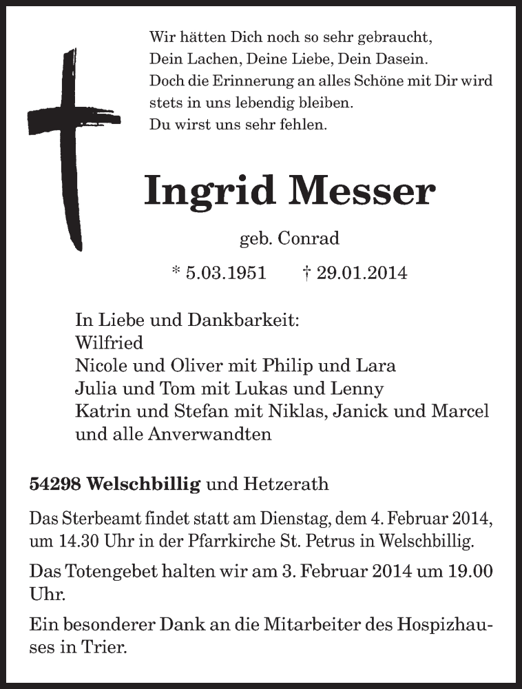  Traueranzeige für Ingrid Messer vom 01.02.2014 aus trierischer_volksfreund