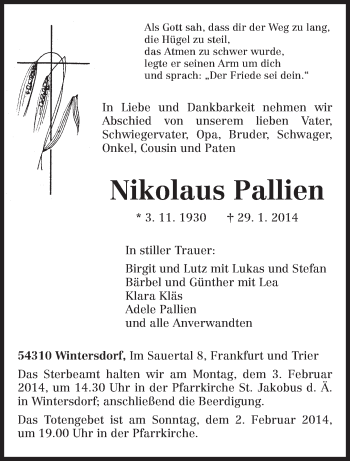 Traueranzeige von Nikolaus Pallien von trierischer_volksfreund