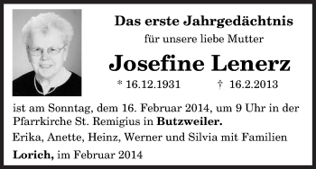 Traueranzeige von Josefine Lenerz von trierischer_volksfreund