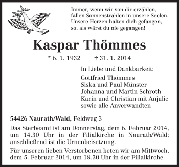 Traueranzeige von Kaspar Thömmes von trierischer_volksfreund
