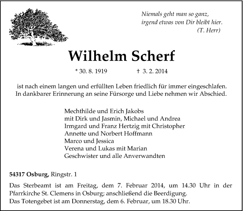  Traueranzeige für Wilhelm Scherf vom 05.02.2014 aus trierischer_volksfreund