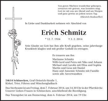 Traueranzeige von Erich Schmitz von trierischer_volksfreund