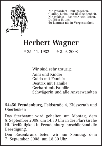 Traueranzeige von Herbert Wagner von TRIERISCHER VOLKSFREUND