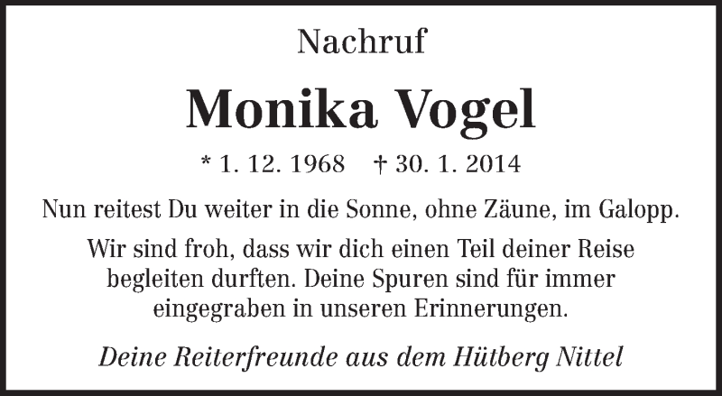  Traueranzeige für Monika Vogel vom 07.02.2014 aus trierischer_volksfreund