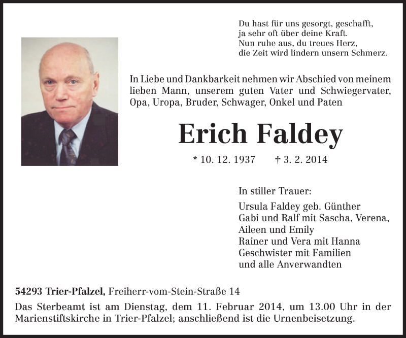  Traueranzeige für Erich Faldey vom 07.02.2014 aus trierischer_volksfreund