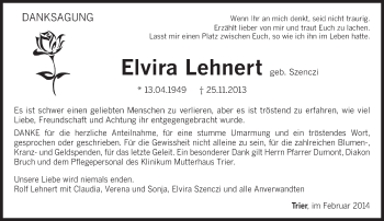 Traueranzeige von Elvira Lehnert von trierischer_volksfreund