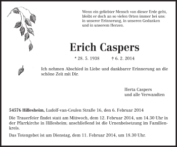Traueranzeige von Erich Caspers von trierischer_volksfreund