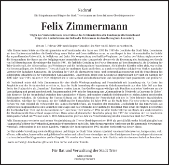 Traueranzeige von Felix Zimmermann von trierischer_volksfreund