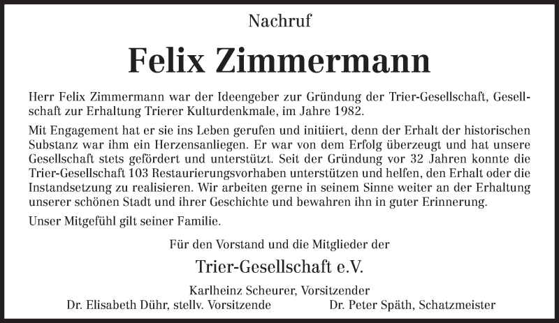  Traueranzeige für Felix Zimmermann vom 12.02.2014 aus trierischer_volksfreund