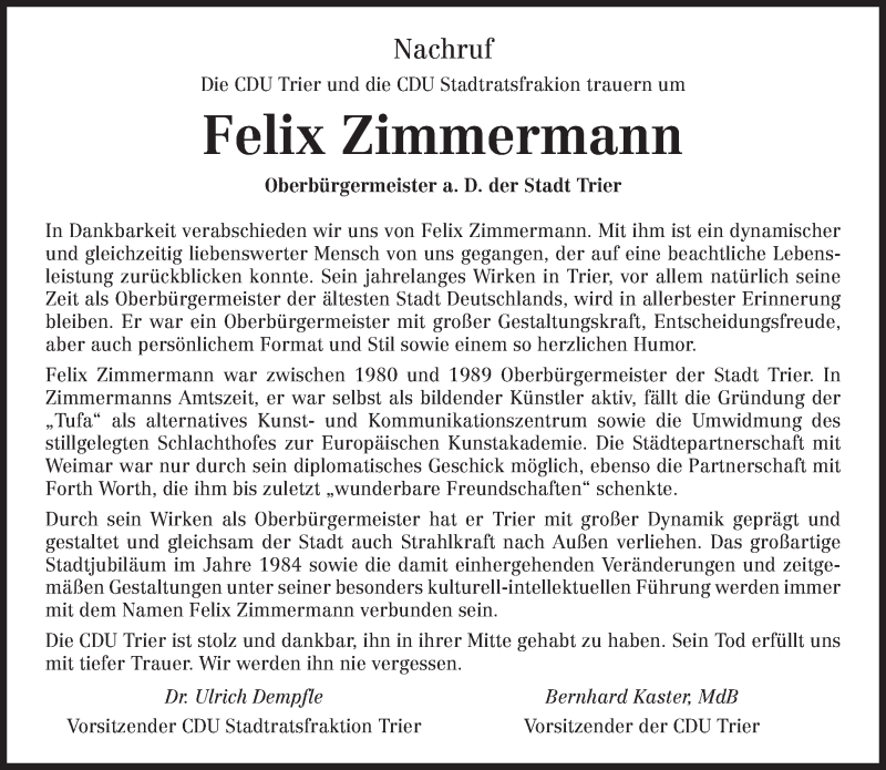  Traueranzeige für Felix Zimmermann vom 12.02.2014 aus trierischer_volksfreund