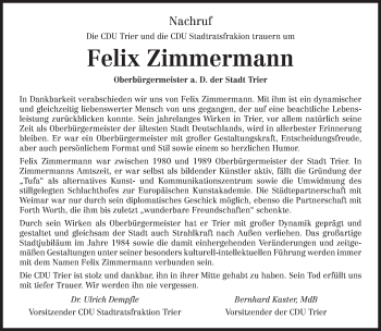 Traueranzeige von Felix Zimmermann von trierischer_volksfreund