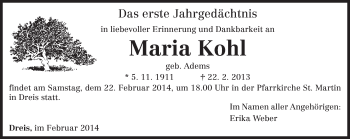 Traueranzeige von Maria Kohl von trierischer_volksfreund