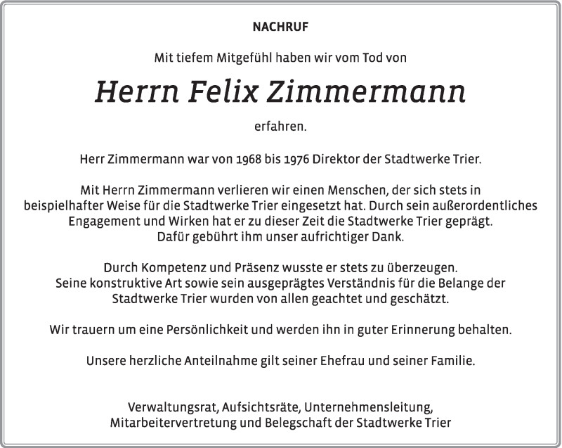  Traueranzeige für Felix Zimmermann vom 13.02.2014 aus trierischer_volksfreund