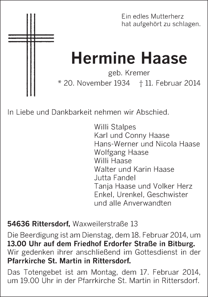  Traueranzeige für Hermine Haase vom 14.02.2014 aus trierischer_volksfreund