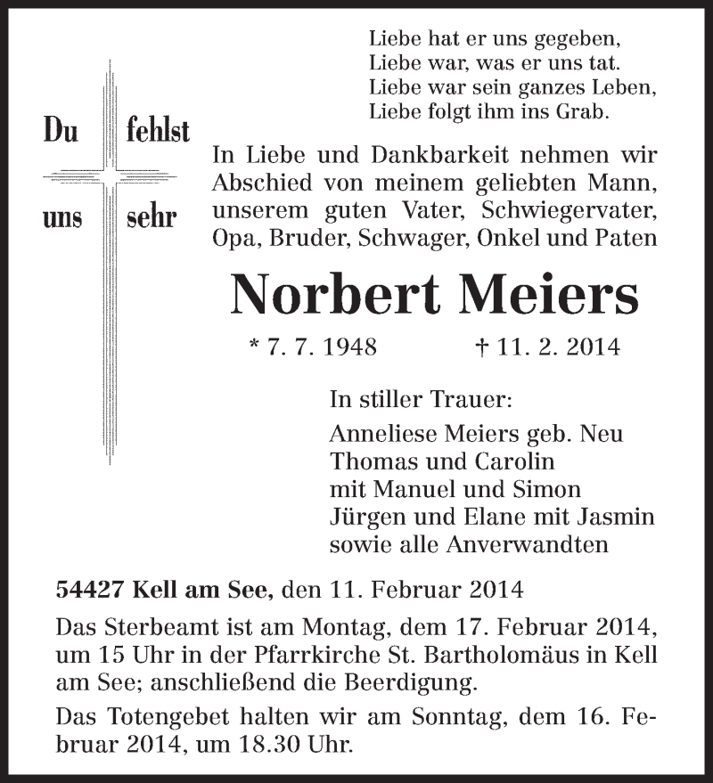  Traueranzeige für Norbert Meiers vom 14.02.2014 aus trierischer_volksfreund