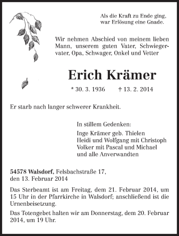 Traueranzeige von Erich Krämer von trierischer_volksfreund