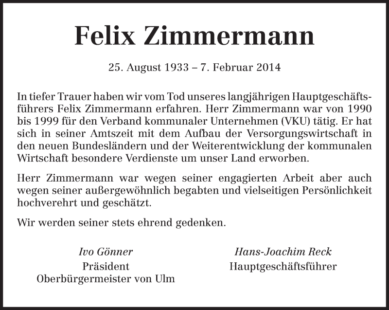  Traueranzeige für Felix Zimmermann vom 15.02.2014 aus trierischer_volksfreund