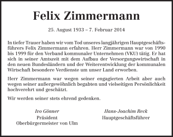 Traueranzeige von Felix Zimmermann von trierischer_volksfreund