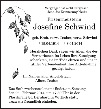 Traueranzeige von Josefine Schwind von trierischer_volksfreund