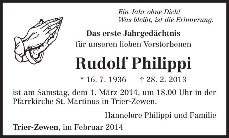  Traueranzeige für Rudolf Philippi vom 22.02.2014 aus trierischer_volksfreund