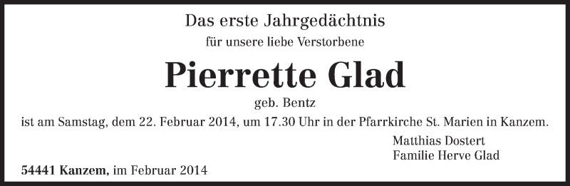  Traueranzeige für Pierrette Glad vom 20.02.2014 aus trierischer_volksfreund