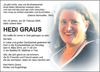 Traueranzeige von Hedi Graus von trierischer_volksfreund