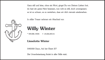 Traueranzeige von Willy Winter von trierischer_volksfreund