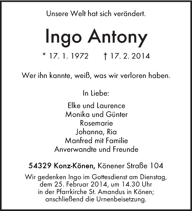  Traueranzeige für Ingo Antony vom 21.02.2014 aus trierischer_volksfreund