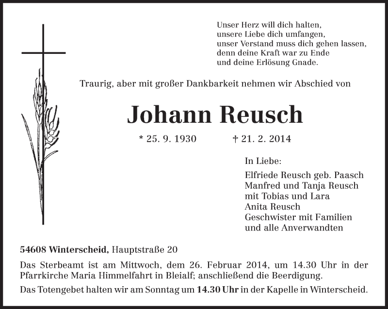  Traueranzeige für Johann Reusch vom 22.02.2014 aus trierischer_volksfreund