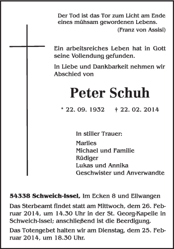 Traueranzeige von Peter Schuh von trierischer_volksfreund