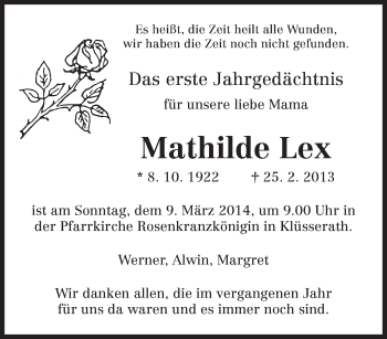 Traueranzeige von Mathilde Lex von trierischer_volksfreund