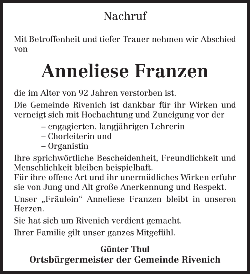  Traueranzeige für Anneliese Franzen vom 25.02.2014 aus trierischer_volksfreund