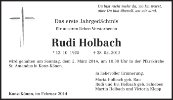 Traueranzeige von Rudi Holbach von trierischer_volksfreund
