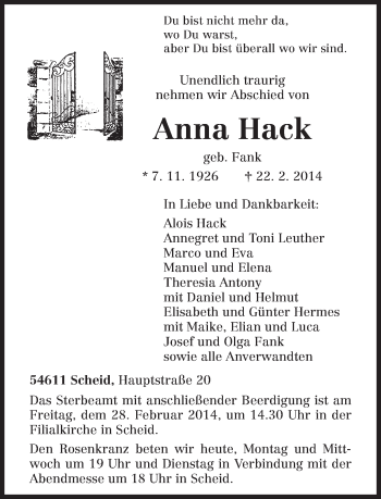 Traueranzeige von Anna Hack von trierischer_volksfreund