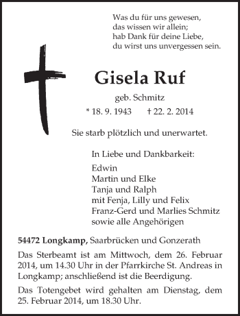 Traueranzeige von Gisela Ruf von trierischer_volksfreund