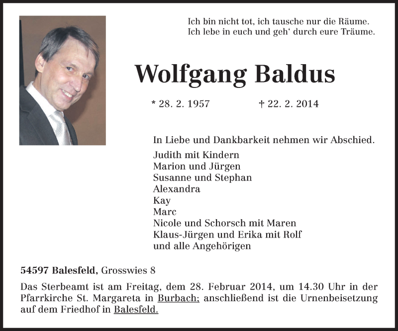  Traueranzeige für Wolfgang Baldus vom 26.02.2014 aus trierischer_volksfreund