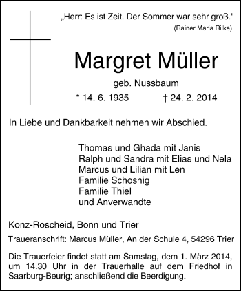 Traueranzeige von Margret Müller von trierischer_volksfreund