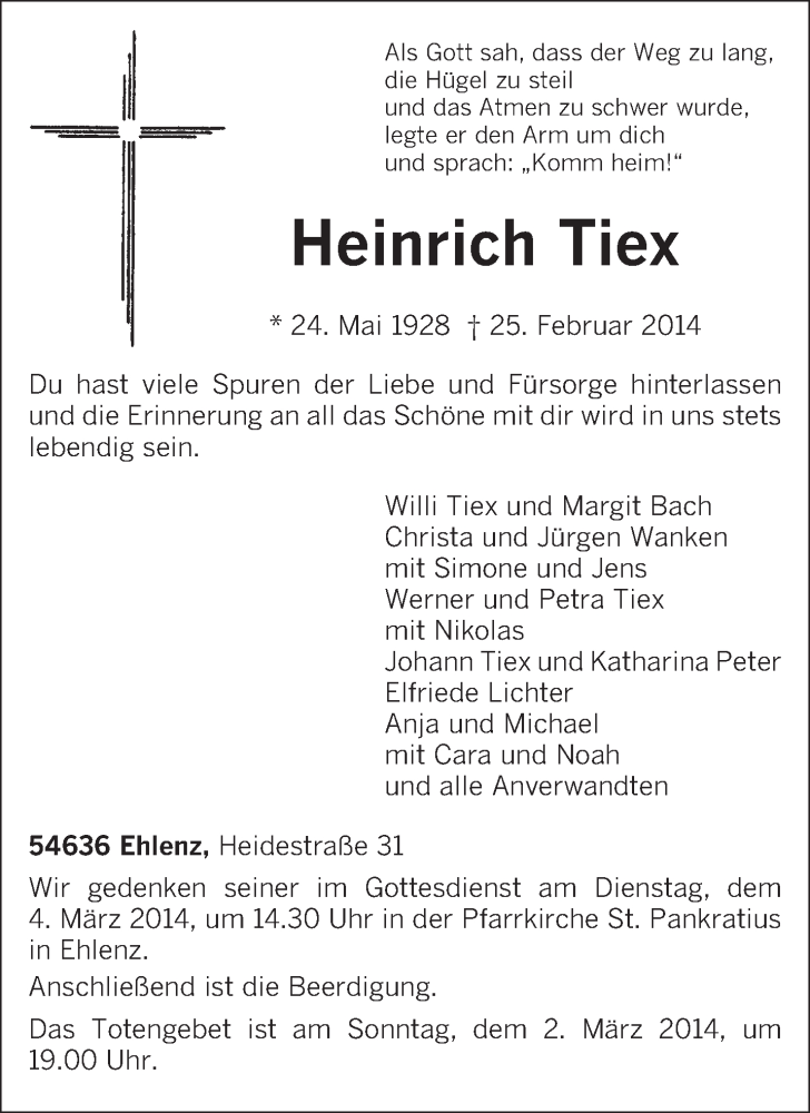  Traueranzeige für Heinrich Tiex vom 28.02.2014 aus trierischer_volksfreund
