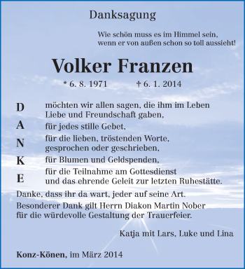 Traueranzeige von Volker Franzen von trierischer_volksfreund