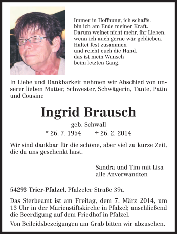Traueranzeige von Ingrid Brausch von trierischer_volksfreund