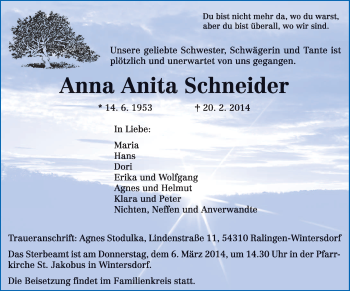 Traueranzeige von Anna Anita Schneider von trierischer_volksfreund